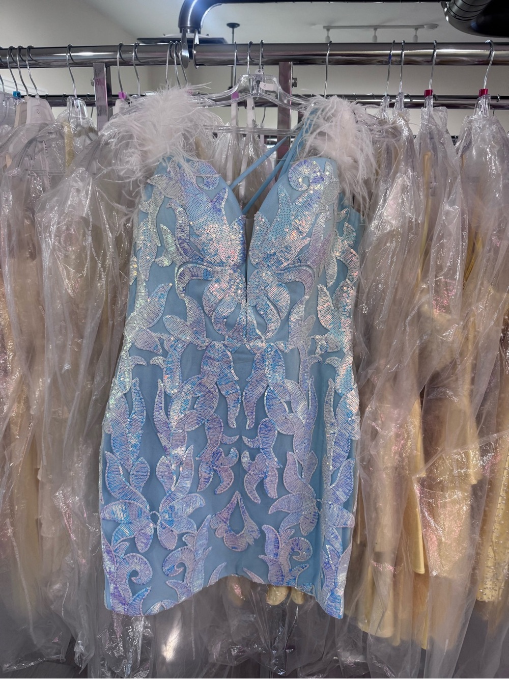 Homecoming dress size 8 Iridescent Light Blue Sequin with Feathers